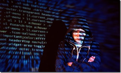 Cyber attack with unrecognizable hooded hacker using virtual reality, digital glitch effect.