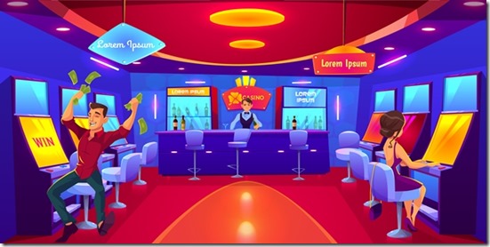 Casino with people gambling playing on slot machines, win lose money. Las Vegas nightlife business industry. Gaming house interior with bar counter and barman making drink. Cartoon vector illustration