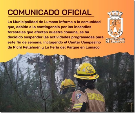 Municipalidad de Lumaco suspende actividades por incendios