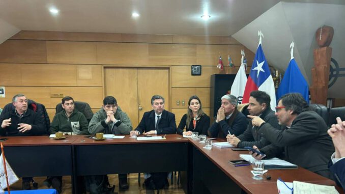Autoridades y representantes gremiales reunidos en la Municipalidad de Pucón para discutir plan de acción tras emergencias.