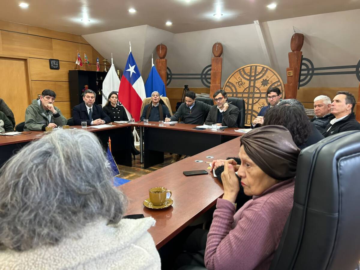 Autoridades y representantes gremiales reunidos en la Municipalidad de Pucón para discutir plan de acción tras emergencias.