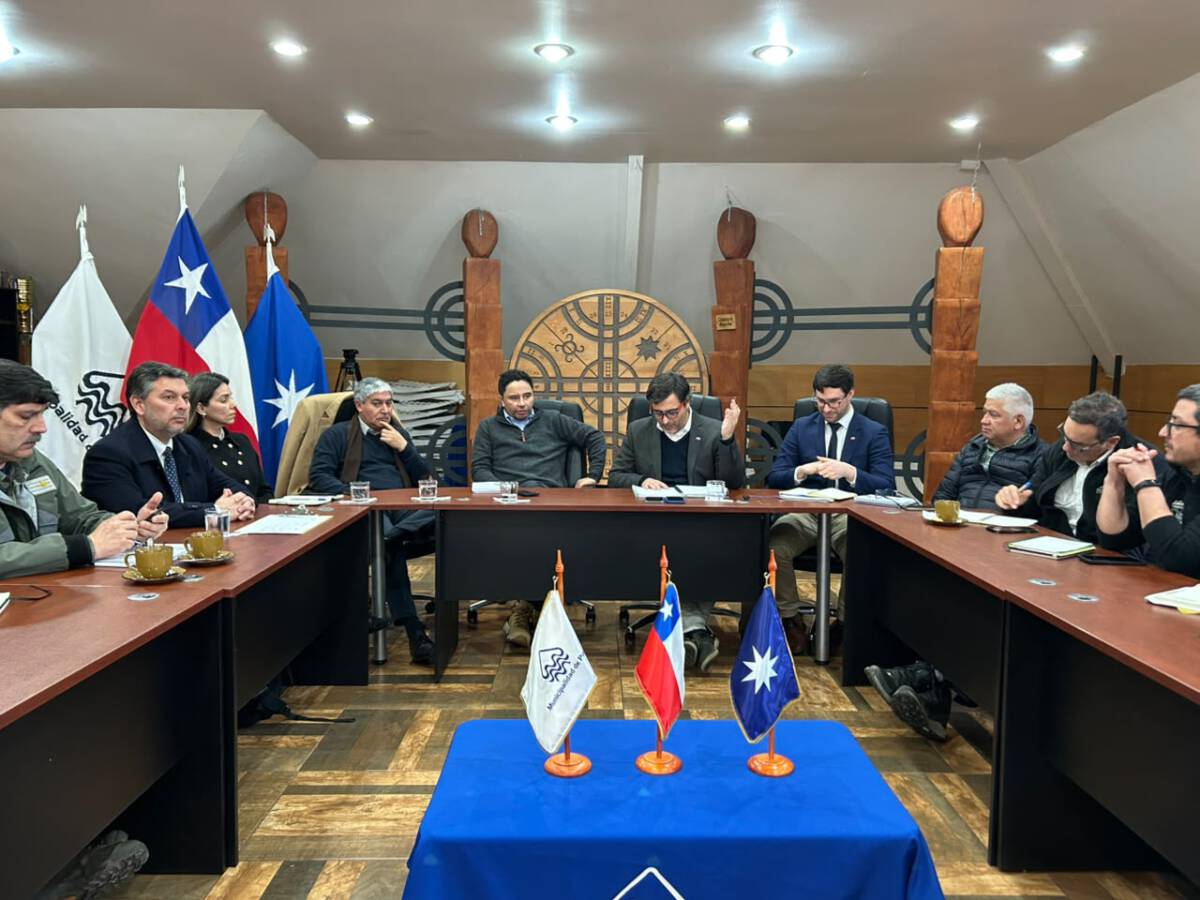 Autoridades y representantes gremiales reunidos en la Municipalidad de Pucón para discutir plan de acción tras emergencias.