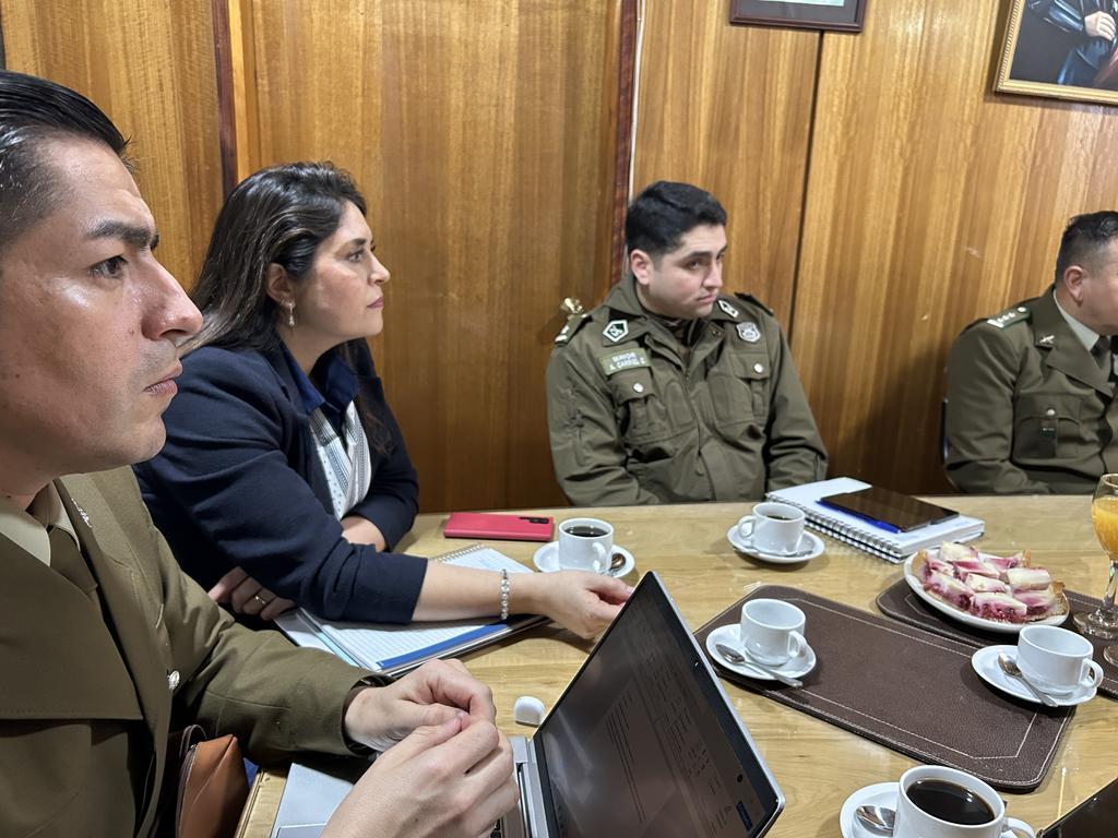 La General Inspector María Teresa Araya junto al alcalde de Villarrica durante una reunión de coordinación de seguridad.