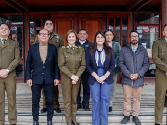 La General Inspector María Teresa Araya junto al alcalde de Villarrica durante una reunión de coordinación de seguridad.