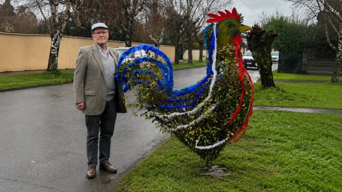 Escultura vegetal con forma de gallo francés en la ciudad de Victoria, La Araucanía.