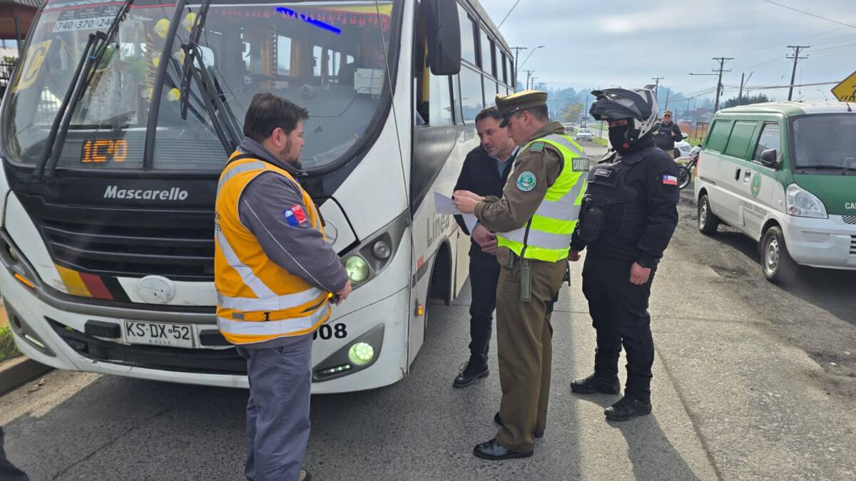 Autoridades realizando fiscalización de vehículos en las calles de Temuco junto a Carabineros de Chile