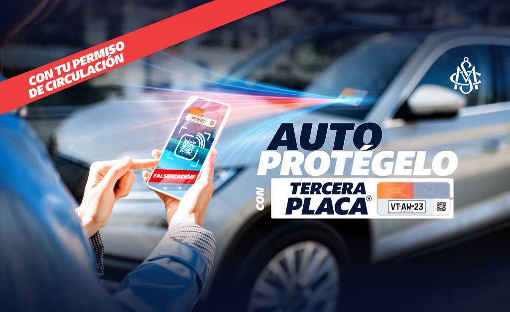 Dispositivo o etiqueta de Tercera Placa Patente escaneada con celular para verificar autenticidad de permiso de circulación.