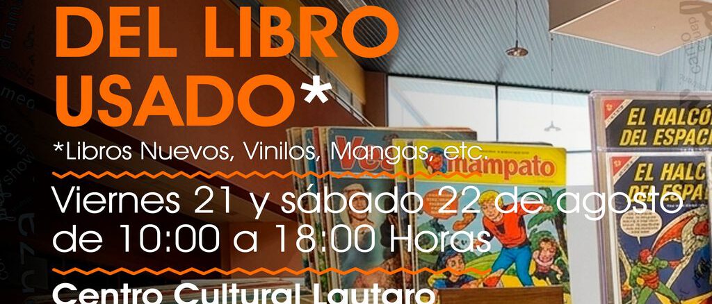 Personas explorando una selección de libros usados y vinilos en la Feria del Libro de Lautaro