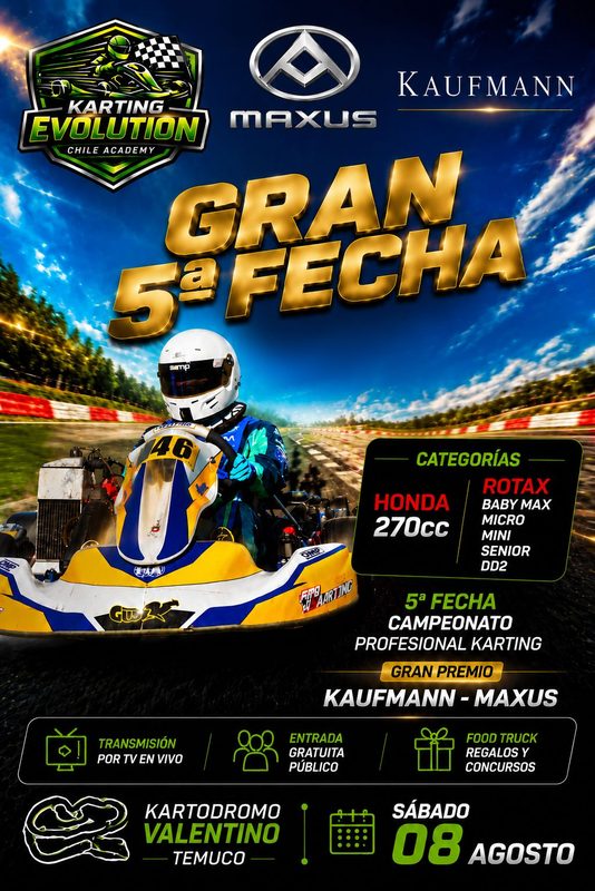 Pilotos de karting compitiendo en pista durante el campeonato regional en Temuco