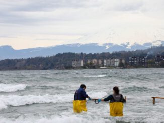 Autoridades y representantes vecinales durante la firma del compromiso para la recuperación ambiental del Lago Villarrica en Chile.