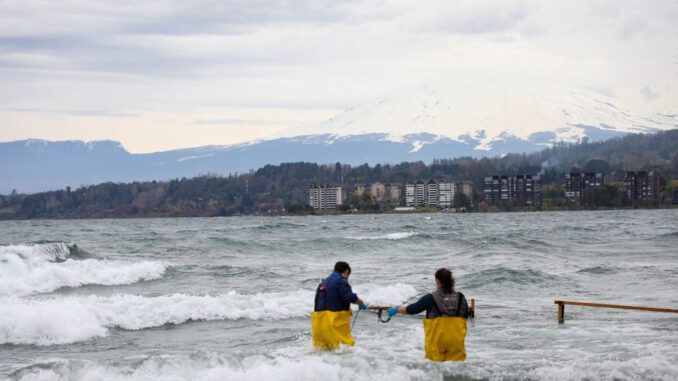 Autoridades y representantes vecinales durante la firma del compromiso para la recuperación ambiental del Lago Villarrica en Chile.
