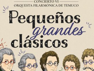 Músicos de la Orquesta Filarmónica de Temuco y niños en el escenario del Teatro Camilo Salvo