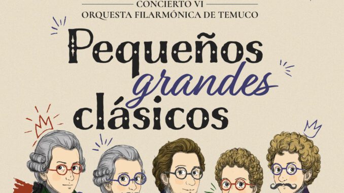 Músicos de la Orquesta Filarmónica de Temuco y niños en el escenario del Teatro Camilo Salvo