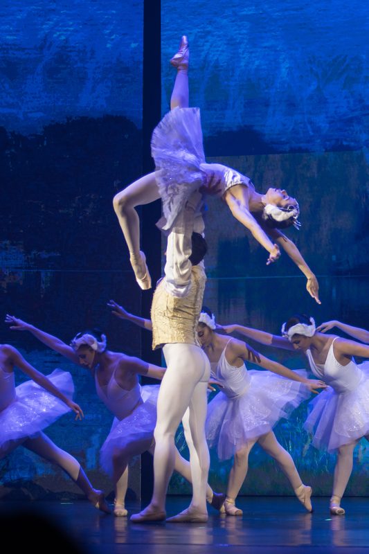 Bailarines de ballet clásico representando una escena en el escenario del Teatro Municipal de Temuco