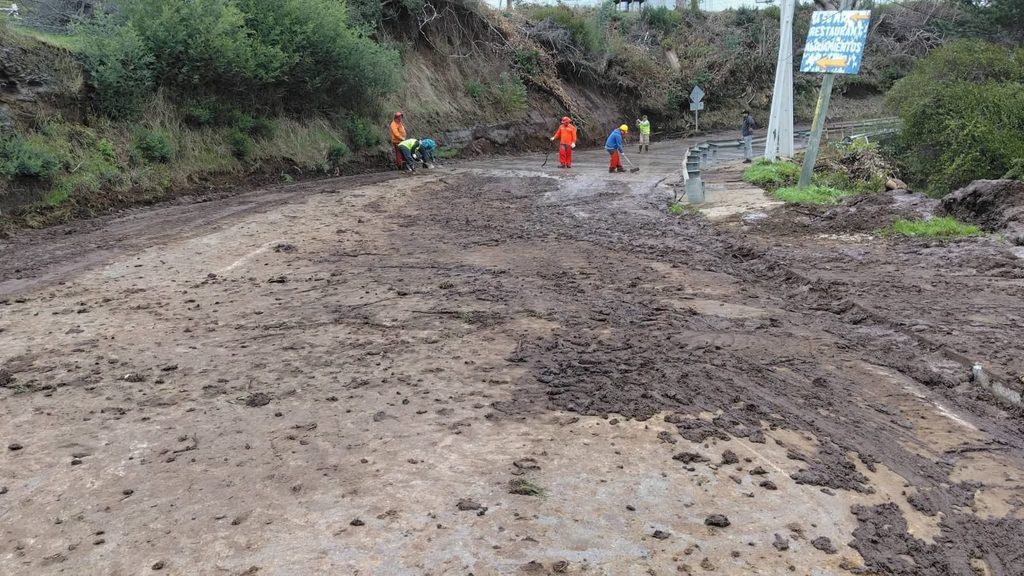 Maquinaria pesada del sector forestal realizando labores de despeje de caminos y reconstrucción tras inundaciones.