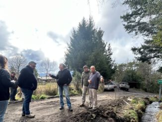Equipos técnicos de Vialidad y autoridades municipales inspeccionando caminos rurales en Pucón
