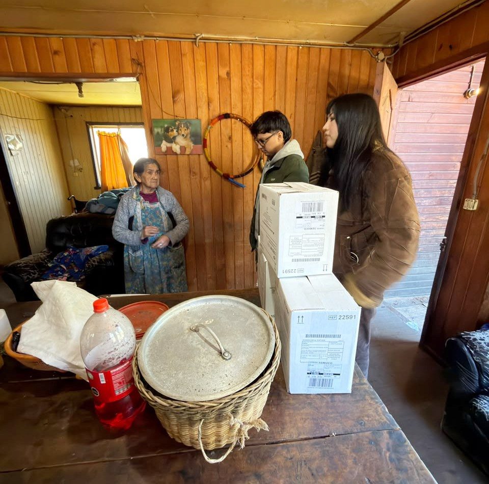 Estudiantes universitarios entregando cajas de alimentos a familias afectadas por el temporal en Cholchol