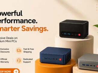 Beelink mini PC sitting on a desk with discount labels overlaying to represent savings