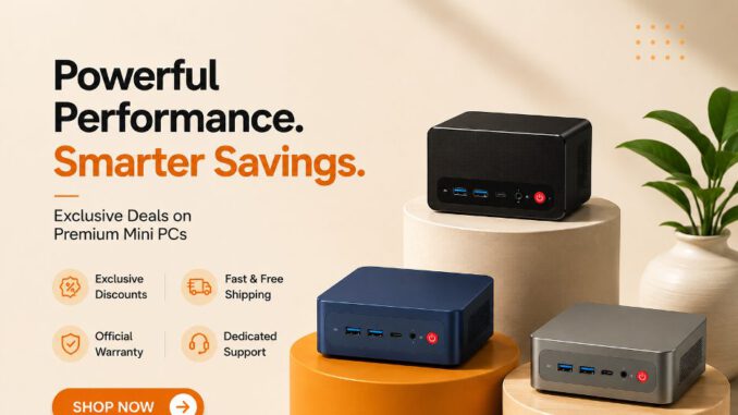 Beelink mini PC sitting on a desk with discount labels overlaying to represent savings