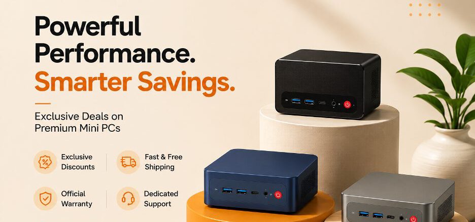 Beelink mini PC sitting on a desk with discount labels overlaying to represent savings