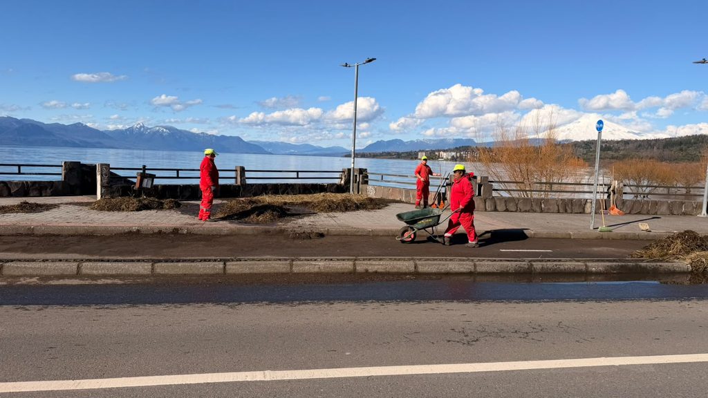 Trabajadores municipales retirando ramas y residuos en la Costanera de Villarrica tras el fuerte oleaje