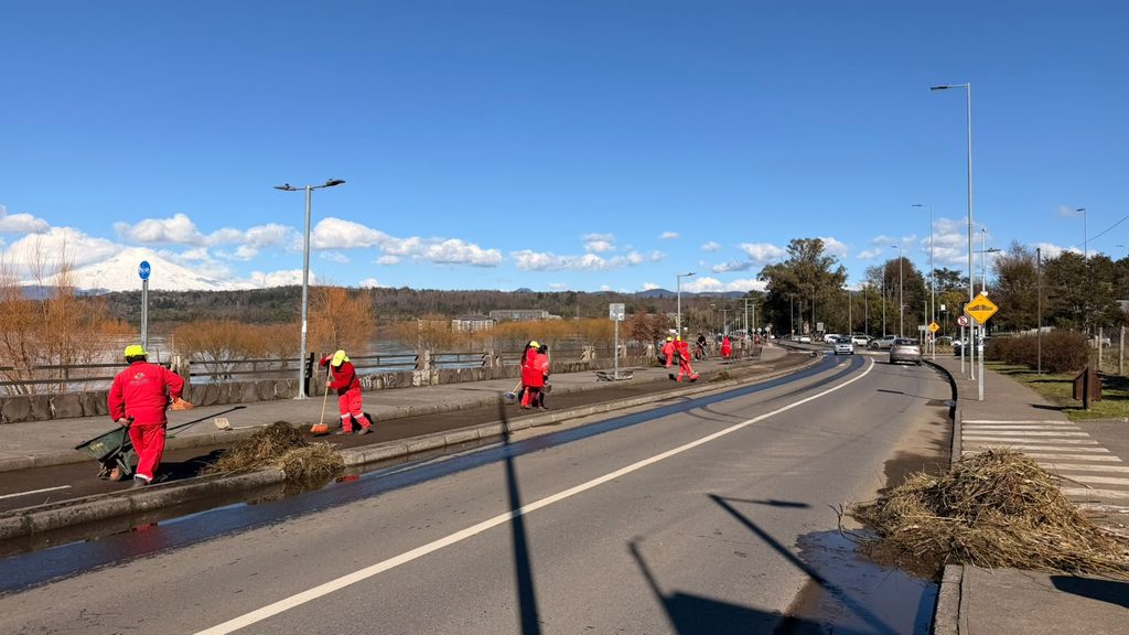 Trabajadores municipales retirando ramas y residuos en la Costanera de Villarrica tras el fuerte oleaje