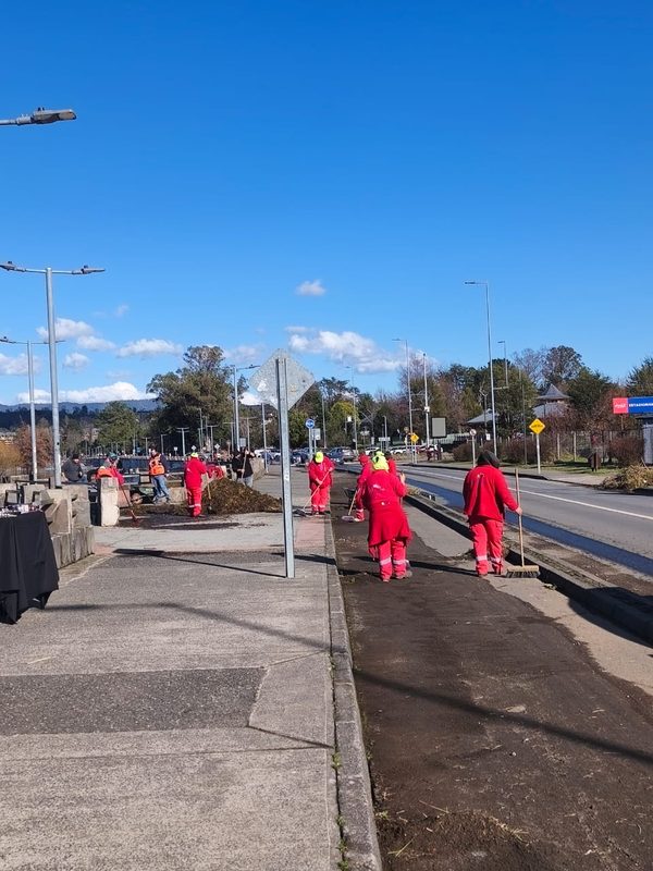 Trabajadores municipales retirando ramas y residuos en la Costanera de Villarrica tras el fuerte oleaje