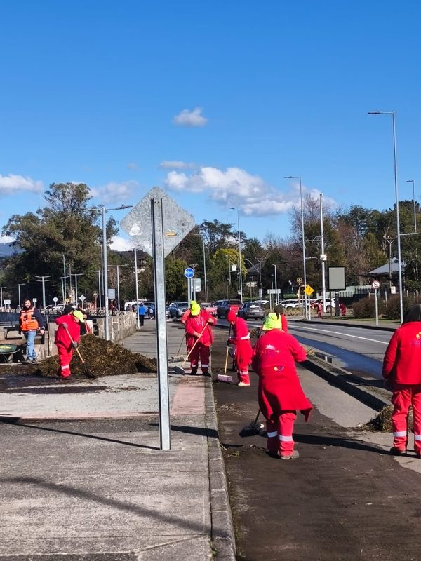 Trabajadores municipales retirando ramas y residuos en la Costanera de Villarrica tras el fuerte oleaje