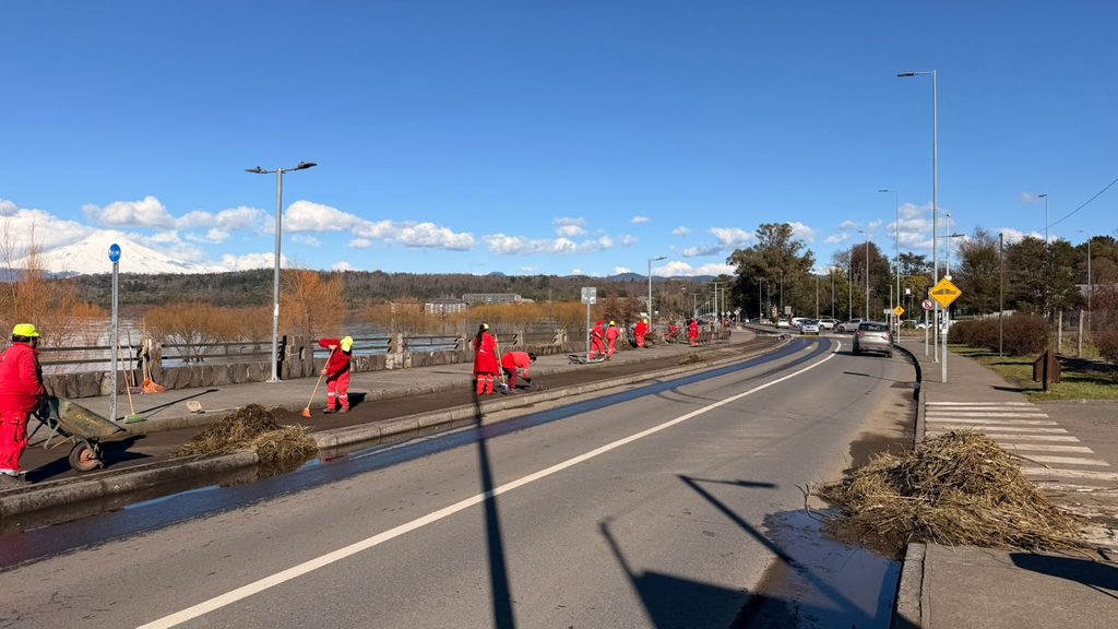 Trabajadores municipales retirando ramas y residuos en la Costanera de Villarrica tras el fuerte oleaje