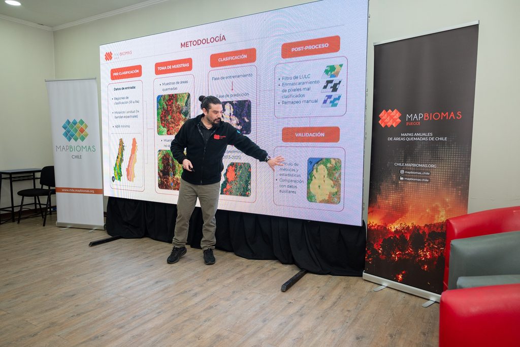 Mapa satelital de zonas afectadas por incendios forestales en la región centro-sur de Chile