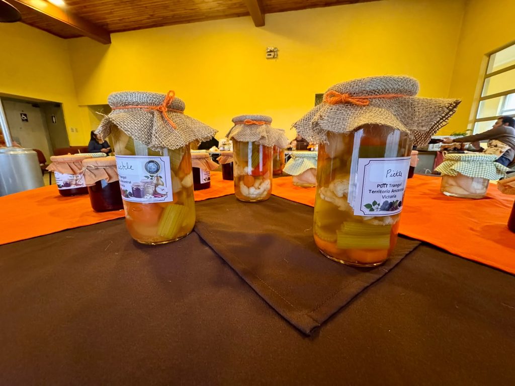 Mujeres rurales de Victoria participando en taller de conservas y encurtidos junto a sus productos elaborados