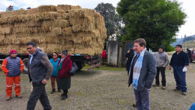 Entrega de fardos de forraje a campesinos por parte de la Municipalidad de Lumaco tras temporales