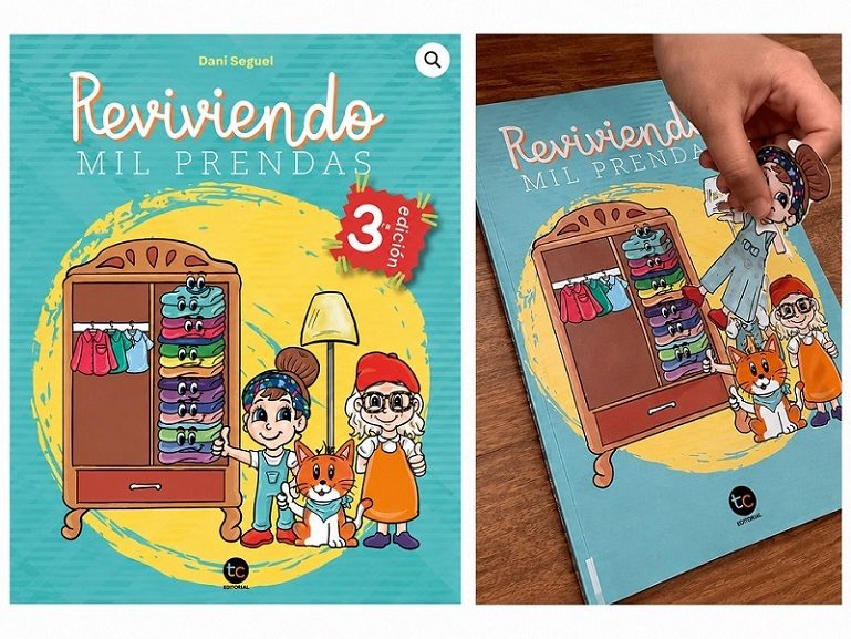 Portada del libro Reviviendo mil prendas de Daniela Seguel sobre una mesa con elementos de costura y reciclaje