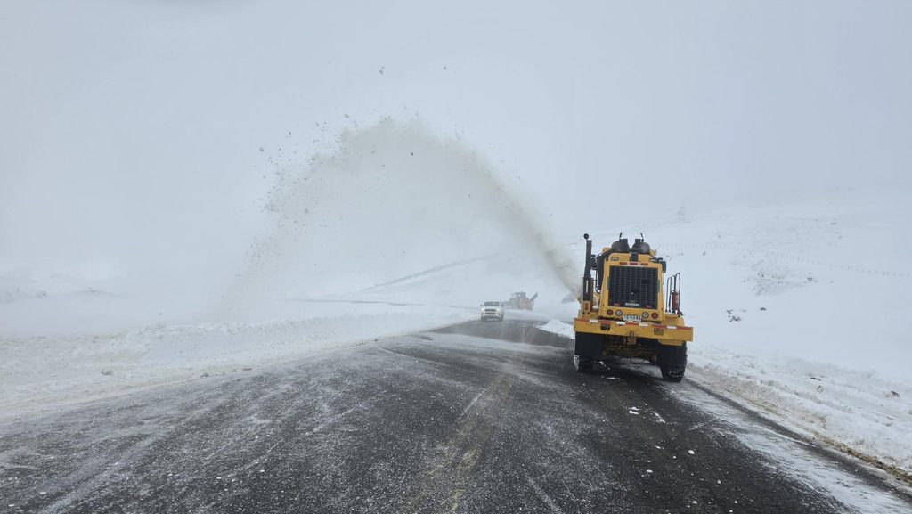 Maquinaria pesada del MOP realizando labores de despeje de nieve en la ruta internacional Pino Hachado.
