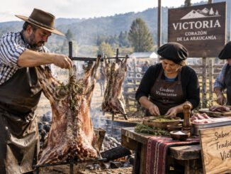 Asado de cordero al palo preparándose lentamente sobre brasas en el sur de Chile