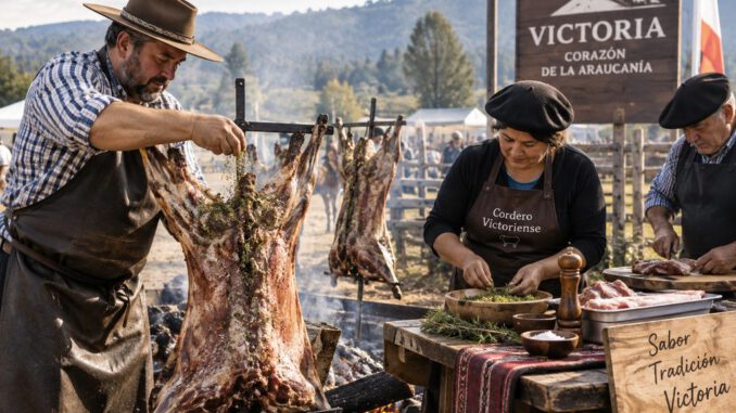 Asado de cordero al palo preparándose lentamente sobre brasas en el sur de Chile