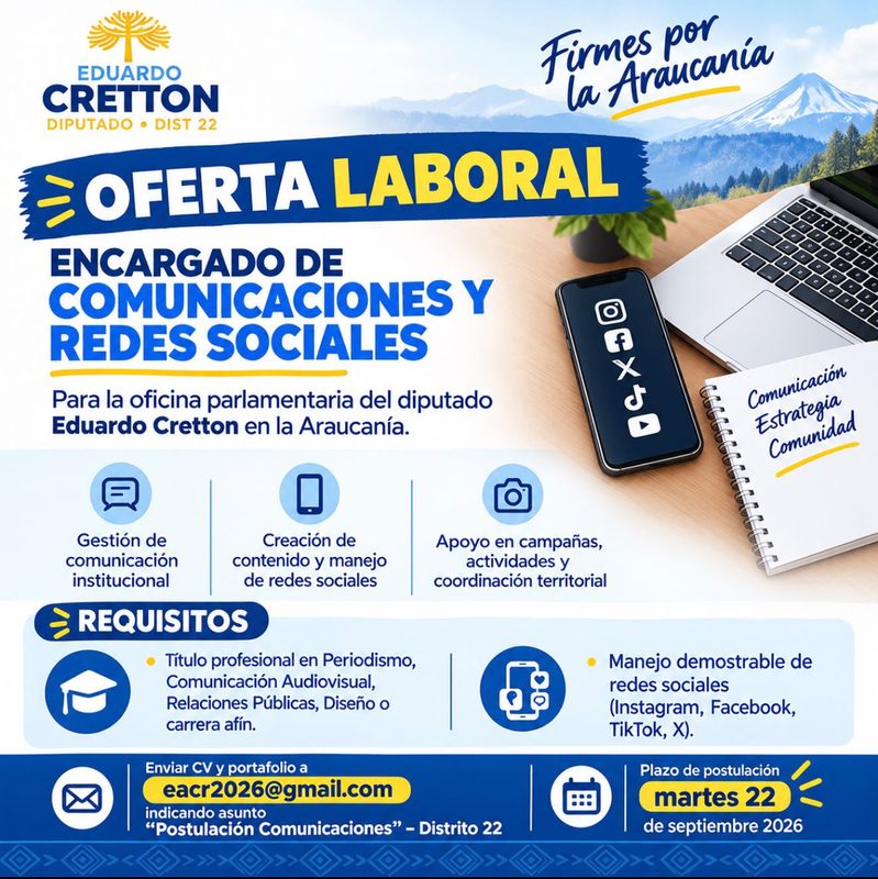 El diputado Eduardo Cretton anunciando convocatoria abierta para integrar su equipo de trabajo en La Araucanía