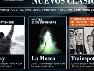 Cartelera de cine con clásicos cinematográficos como Rocky y Trainspotting en Valparaíso