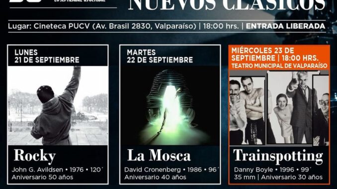 Cartelera de cine con clásicos cinematográficos como Rocky y Trainspotting en Valparaíso