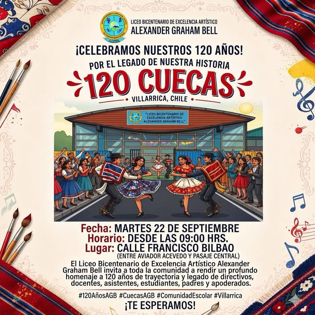 Estudiantes y docentes del Liceo Bicentenario Alexander Graham Bell participando en una jornada de cuecas por su 120 aniversario