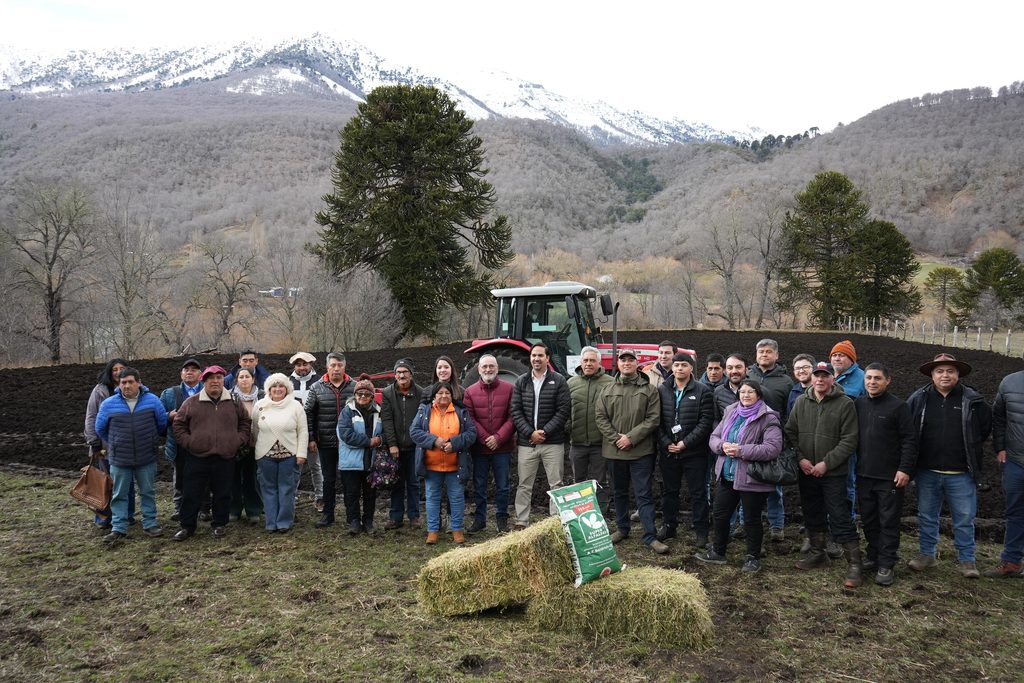 Autoridades y productores rurales participando en una jornada de siembra de alfalfa en el sector de Ranquil, Lonquimay.