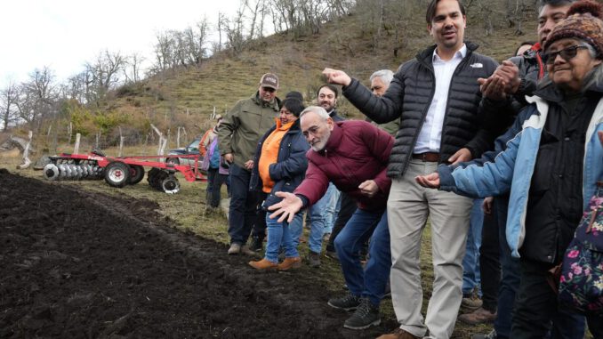 Autoridades y productores rurales participando en una jornada de siembra de alfalfa en el sector de Ranquil, Lonquimay.