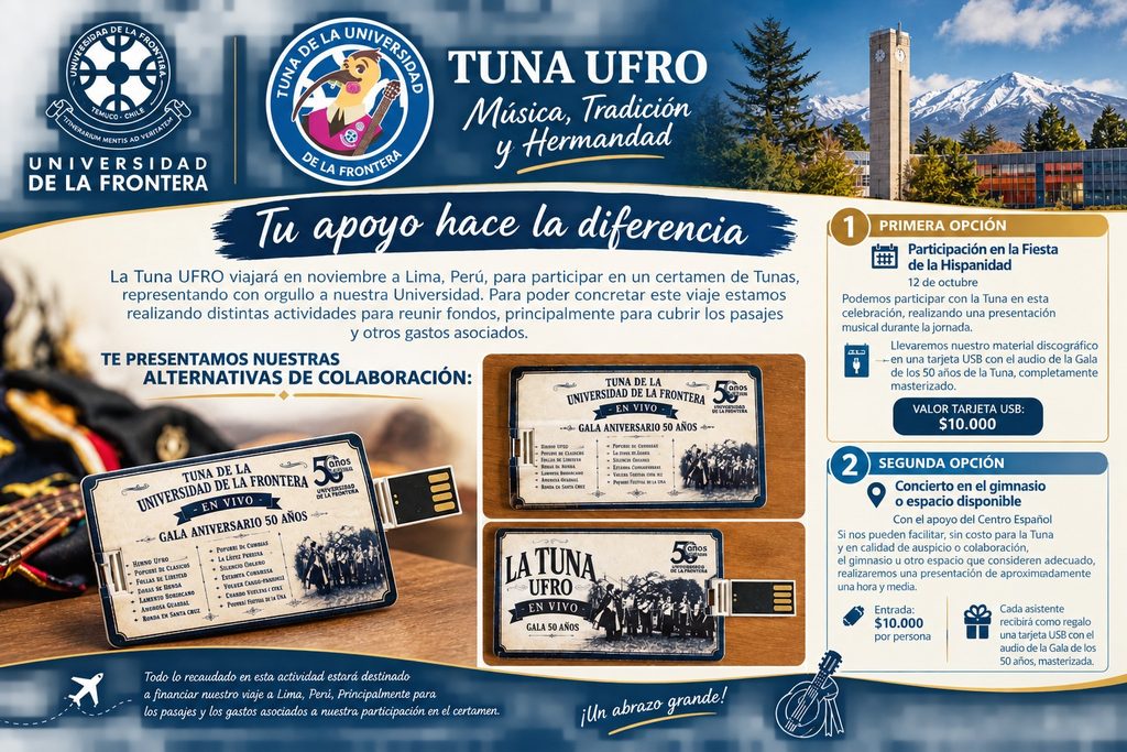 Integrantes de la Tuna de la Universidad de La Frontera en una presentación musical