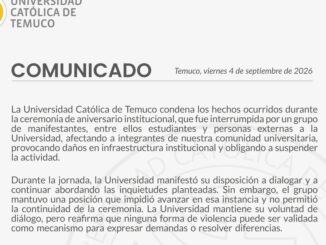 Comunicado oficial de la Universidad Católica de Temuco sobre la interrupción de su ceremonia de aniversario.
