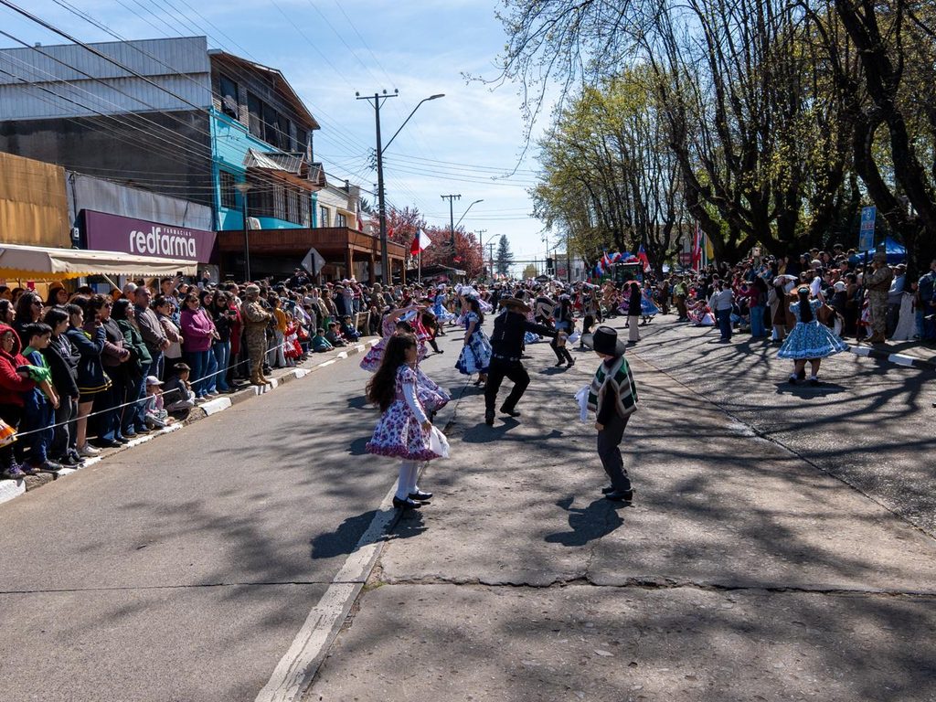 Perrito callejero jugando con la guaripola durante el desfile de la Parada Militar en Victoria