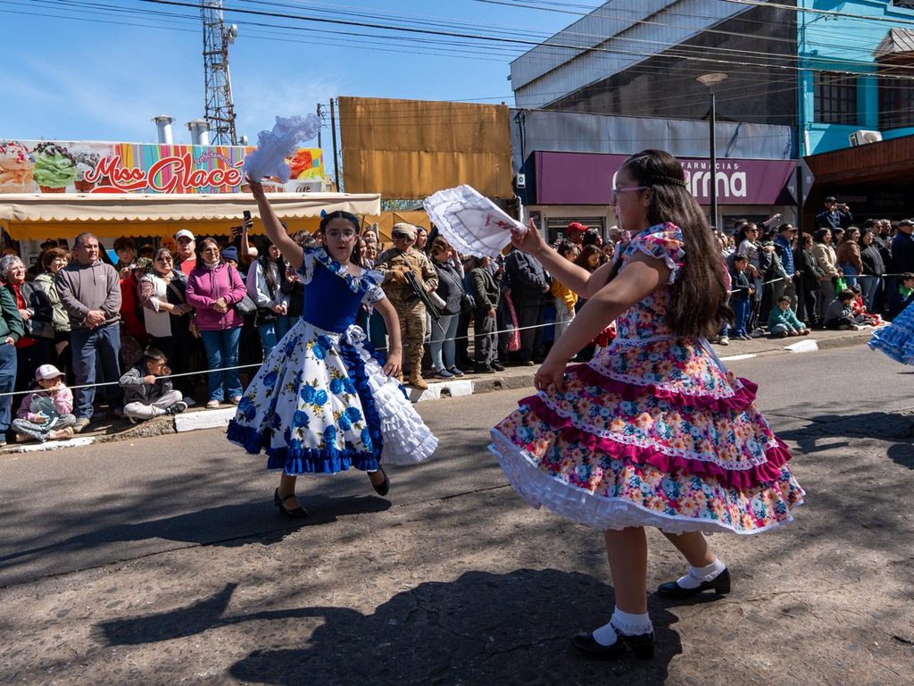Perrito callejero jugando con la guaripola durante el desfile de la Parada Militar en Victoria