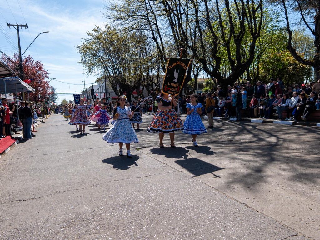 Perrito callejero jugando con la guaripola durante el desfile de la Parada Militar en Victoria