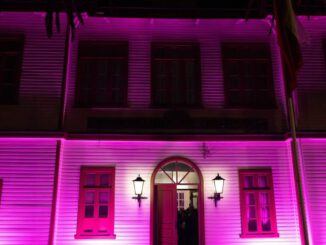 Edificio municipal de Collipulli iluminado de rosado por el mes de concientización del cáncer de mama