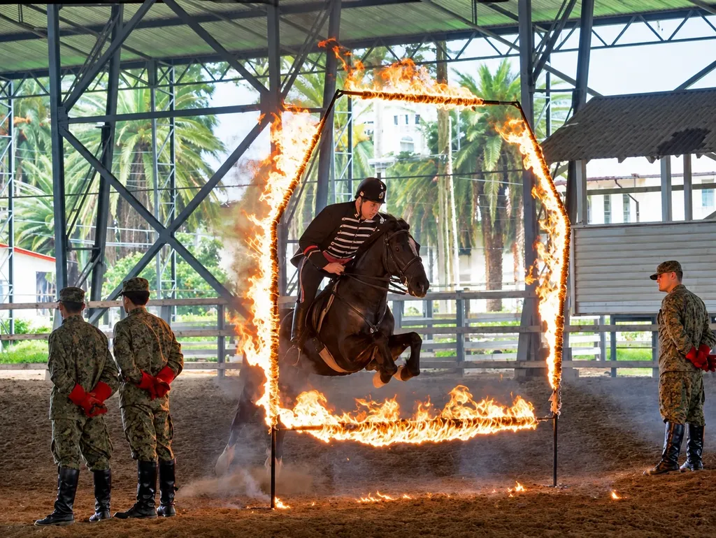 Jinetes del Cuadro Negro del Ejercito de Chile realizando acrobacias ecuestres