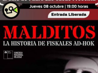 Cartel y proyeccion del documental Malditos sobre la historia de Fiskales Ad-Hok en Padre Las Casas